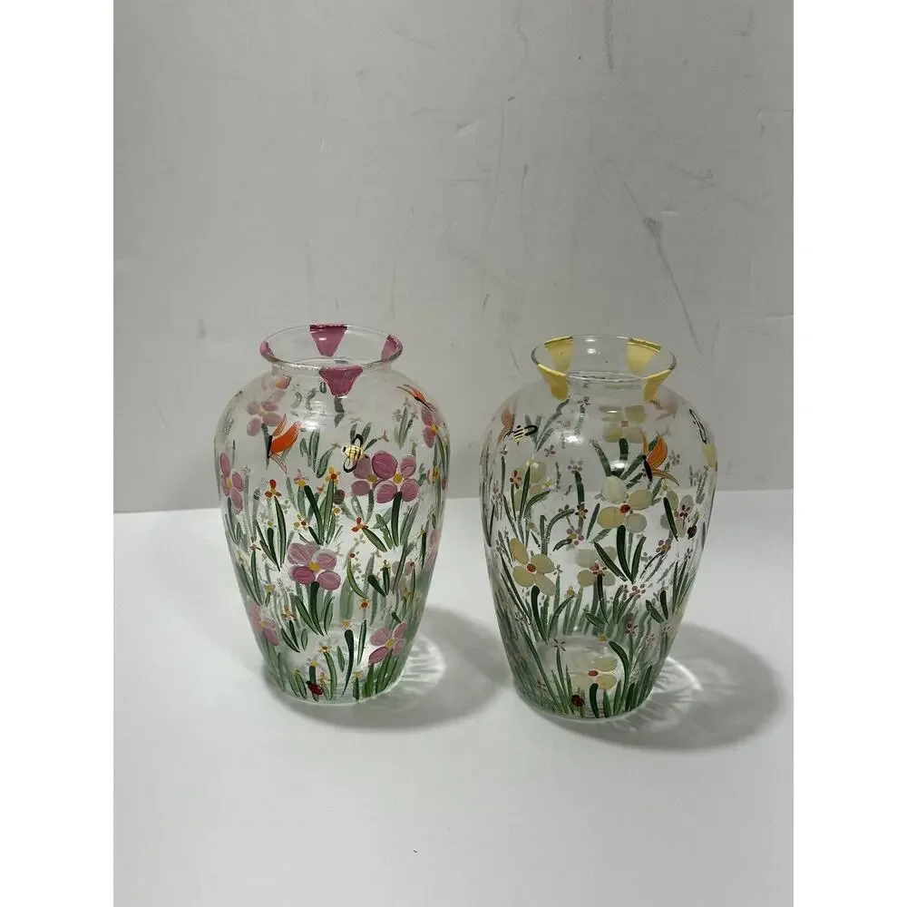 Set Of 2 Vintage Small Hand‎ Painted Floral Clear Glass Vase Signed K. LaRussa